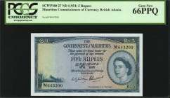 MAURITIUS. Government of Mauritius. 5 Rupees, ND (1954). P-27. PCGS Currency Gem New 66 PPQ.

A popular Bradbury Wilkinson Queen Elizabeth II design. ...