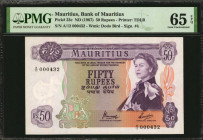 MAURITIUS. Bank of Mauritius. 50 Rupees, ND (1967). P-33c. PMG Gem Uncirculated 65 EPQ.

Printed by TDLR. Low serial A/12 000432.

Estimate: $200.00-$...