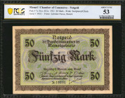 MEMEL. Chamber of Commerce-Notgeld. 50 Mark, 1922. P-7a. PCGS Banknote About Uncirculated 53.

PCGS Banknote comments "Minor Adhesive Residue."

Estim...