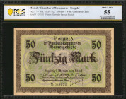 MEMEL. Chamber of Commerce-Notgeld. 50 Mark, 1922. P-7b. PCGS Banknote About Uncirculated 55.

Watermark of contoured chain. Printed by Gebruder Parcu...