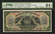 MEXICO. Banco de Mexico. 10 Pesos, ND (1925-34). P-22h. PMG Choice Uncirculated 64 EPQ.

A nearly Gem example of this lovely 10 Pesos note. PMG Pop 2/...