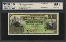 MEXICO. Banco Minero. 1 Peso, 1895. P-S162cs. Specimen. WBG About Uncirculated 55 TOP.

Hole punch cancellations with red specimen overprint.

Estimat...