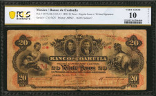 MEXICO. Banco de Coahuila. 20 Pesos, 1898. P-S197a. PCGS Banknote Very Good 10 Details. Internal Damage, Edge Tear.

Series C. Regular issue with writ...