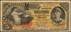 MEXICO. Banco Nacional de Mexico. 5 Pesos, 1896. P-S257b. Fine.

Pinholes are noticed along with margin wear and toning.

Estimate: $50.00-$100.00