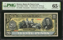 MEXICO. Banco de Nuevo Leon. 20 Pesos, ND (1893-1913). P-S362d. Remainder. PMG Gem Uncirculated 65 EPQ.

Remainder. Perforated "Cancelado."

From the ...