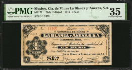 MEXICO. Cia. De Minas La Blanca y Anexas, S.A. 1 Peso, 1915. P-Unlisted. PMG Choice Very Fine 35.

PMG comments "Tape."

Estimate: $200.00-$300.00