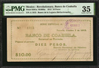 MEXICO--REVOLUTIONARY. Banco de Coahuila. 10 Pesos, 1913. P-S581a. PMG Choice Very Fine 35.

M1006a. Banco de la Laguna (Refaccionario).

Estimate: $1...