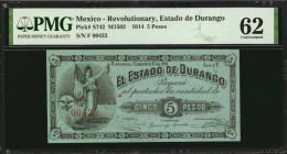 MEXICO--REVOLUTIONARY. Estado de Durango. 5 Pesos, 1914. P-S742. PMG Uncirculated 62.

PMG comments "Minor Rust."

Estimate: $100.00-$200.00
