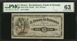 MEXICO--REVOLUTIONARY. Estado de Durango. 10 Pesos, 1914. P-S743. PMG Choice Uncirculated 63.

PMG comments "Minor Stain."

Estimate: $200.00-$400.00
