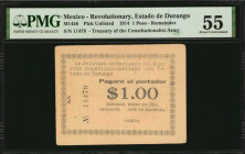 MEXICO--REVOLUTIONARY. Estado de Durango. 1 Peso, 1914. P-Unlisted. Remainder. PMG About Uncirculated 55.

M1456. Remainder.

Estimate: $200.00-$300.0...