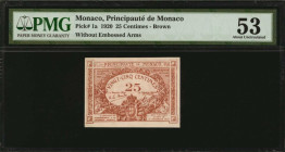 MONACO. Principaute de Monaco. 5 Centimes, 1920. P-1a. PMG About Uncirculated 53.

Brown. Without embossed arms.

Estimate: $100.00-$200.00