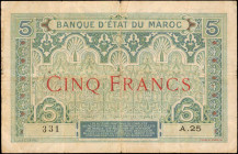 MOROCCO. Banque D'Etat du Maroc. 5 Francs, ND (1921-24. P-8. Very Fine.

Pinholes and margin wear are noticed.

Estimate: $75.00-$150.00