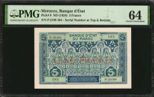 MOROCCO. Banque D'Etat du Maroc. 5 Francs, ND (1924). P-9. PMG Choice Uncirculated 64.

PMG comments Staple Holes on this otherwise excellent example....