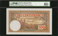 MOROCCO. Banque D'Etat du Maroc. 500 Francs, 1946-48. P-15b. PMG Gem Uncirculated 65 EPQ.

This large format 500 Francs note is found with a later 194...