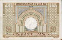 MOROCCO. Banque D'Etat du Maroc. 50 Francs, 1938. P-21. About Uncirculated.

Signature combination #1. Some rust and toning are noticed.

Estimate: $7...