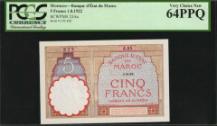 MOROCCO. Banque D'Etat du Maroc. 5 Francs, 1922. P-23Aa. PCGS Currency Very Choice New 64 PPQ.

Estimate: $100.00-$200.00