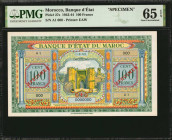 MOROCCO. Banque D'Etat du Maroc. 100 Francs, 1943-44. P-27s. Specimen. PMG Gem Uncirculated 65 EPQ.

Printed by EAW. Vivid ink and detailed designs st...