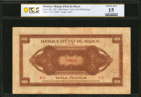 MOROCCO. Banque D'Etat du Maroc. 1000 Francs, 1943. P-28a. PCGS Banknote Choice Fine 15.

PCGS Banknote comments "Writing in Ink."

Estimate: $100.00-...