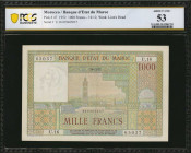 MOROCCO. Banque D'Etat du Maroc. 1000 Francs, 1952. P-47. PCGS Banknote About Uncirculated 53.

PCGS Banknote comments "Minor Adhesive Residue."

Esti...