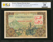 MOROCCO. Banque D'Etat du Maroc. 50 Dirhams on 5,000 Francs, 1953 (1959). P-51. PCGS Banknote Very Fine 20.

Red overprint on P-49. Provisional Dirham...