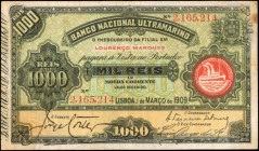 MOZAMBIQUE. Banco Nacional Ultramarino. 1000 Reis, 1909. P-33. Very Fine.

A sought after 1909 1000 Reis . Red Lourenço Marques overprint. Governador ...