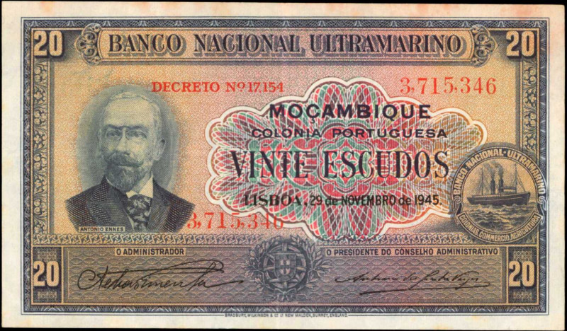 MOZAMBIQUE. Banco Nacional Ultramarino. 20 Escudos, 1945. P-96. Very Fine.

Spot...
