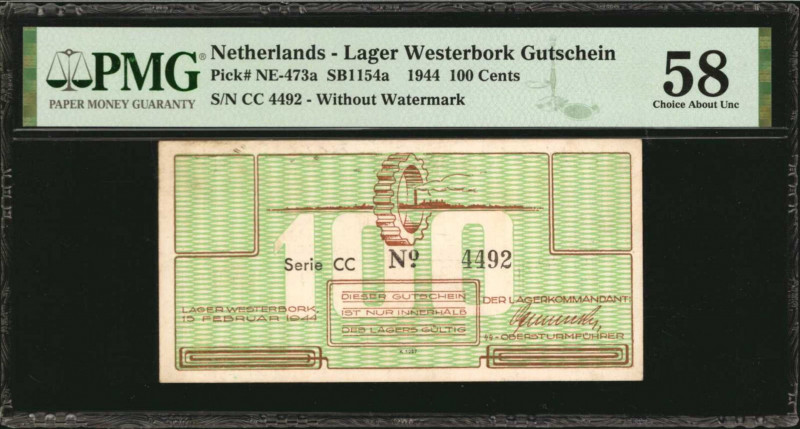 NETHERLANDS. Lager Westerbork Gutschein. 100 Cents, 1944. NE-473a. PMG Choice Ab...