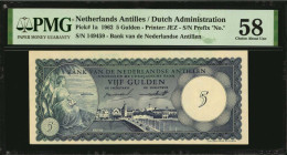 NETHERLANDS ANTILLES. Bank van de Nederlandse Antillen. 5 Gulden, 1962. P-1a. PMG Choice Uncirculated 58.

Printed by JEZ. S/N Prefix "No."

Estimate:...
