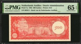 NETHERLANDS ANTILLES. Bank van de Nederlandse Antillen. 500 Gulden, 1962. P-7a. PMG Gem Uncirculated 65 EPQ.

High denomination in gem quality.

Estim...