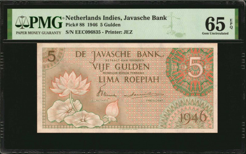 NETHERLANDS INDIES. Javasche Bank. 5 Gulden, 1946. P-88. PMG Gem Uncirculated 65...