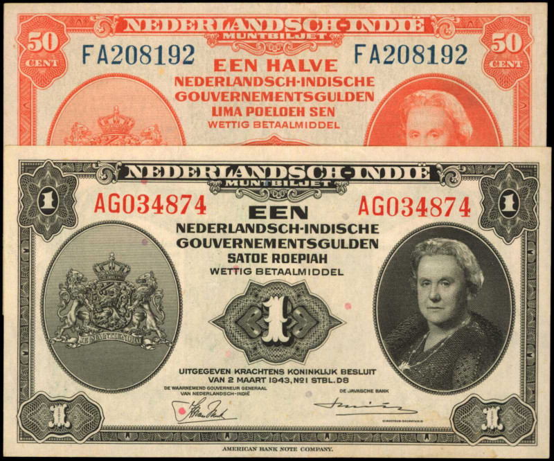 NETHERLANDS INDIES. Lot of (2). Nederlandsch-Indie Muntbiljet. 50 Cent & 1 Gulde...