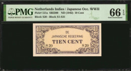 NETHERLANDS INDIES. Lot of (3). Japanese Occupation WWII. 10 Cent, 1/2 Gulden & 1 Gulden, ND (1942). P-121a & 122b & 123c. PMG Gem Uncirculated 65 EPQ...