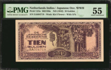 NETHERLANDS INDIES. De Japansche Regeering. 10 Gulden, ND (1942). P-125a. Japanese Occupation WWII. PMG About Uncirculated 55.

With serial number. Wa...
