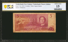 NETHERLANDS NEW GUINEA. Nederlands Nieuw-Guinea. 5 Gulden, 1954. P-13a. PCGS Banknote Choice Fine 15.

PCGS Banknote comments "Small Edge Tear, Stains...