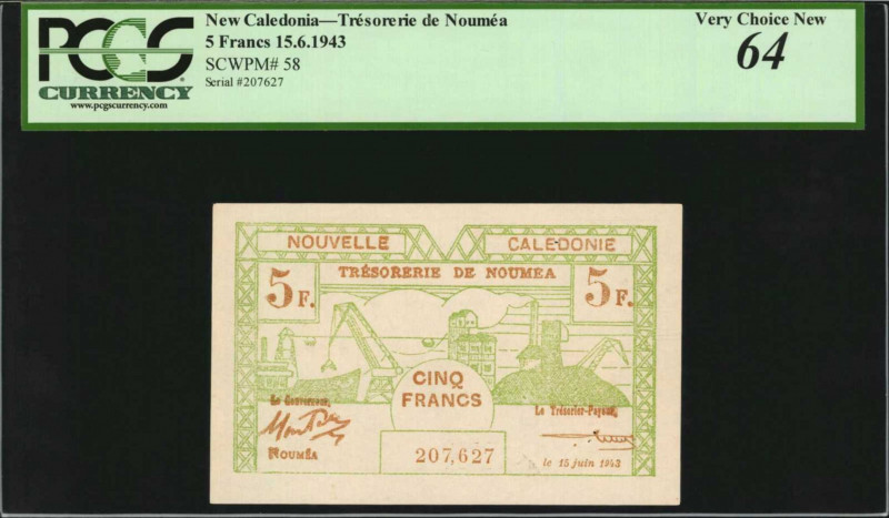 NEW CALEDONIA. Trésorerie de Nouméa. 5 Francs, 1943. P-58. PCGS Currency Very Ch...