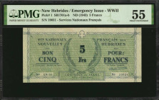 NEW HEBRIDES. Services Nationaux Francais. 5 Francs, ND (1943). P-1. PMG About Uncirculated 55.

SB1701a-b. WWII. Just a touch of circulation on this ...