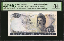 NEW ZEALAND. Reserve Bank of New Zealand. 100 Dollars, ND (1977-81). P-166d. Replacement. PMG Choice Uncirculated 64.

A covered 10 Dollar QEII Replac...