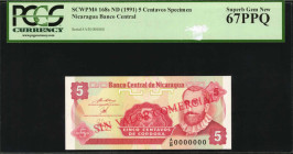 NICARAGUA. Banco Central de Nicaragua. 5 Centavos, ND (1991). P-168s. Specimen. PCGS Currency Superb Gem New 67 PPQ.

Specimen.

Estimate: $25.00-$75....