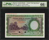 NIGERIA. Central Bank of Nigeria. 5 Pounds, 1958. P-5cts. Color Trial Specimen. PMG Gem Uncirculated 66 EPQ.

Printed by W&S. Watermark of Lion's head...