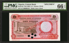 NIGERIA. Central Bank of Nigeria. 1 Pound, ND (1967). P-8s. Specimen. PMG Gem Uncirculated 66 EPQ.

Printed by TDLR. Watermark of Lion's head. Four ho...