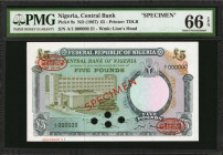 NIGERIA. Central Bank of Nigeria. 5 Pounds, ND (1967). P-9s. Specimen. PMG Gem Uncirculated 66 EPQ.

Specimen No. 21. Printed by TDLR. Watermark of Li...