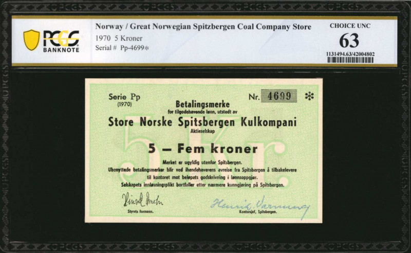 NORWAY. Great Norwegian Spitzbergen Coal Company Store. 5 Kroner, 1970. P-Unlist...