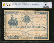 PARAGUAY. Tesoro Nacional. 4 Pesos, ND (1861). P-15. PCGS Banknote Very Fine 25 Details. Repaired Edge Splits, Minor Adhesive Residue, Stains.

Lithog...