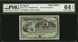 PARAGUAY. Republica del Paraguay. 50 Centavos, 1916. P-137s. Specimen. PMG Choice Uncirculated 64 EPQ.

Estimate: $50.00-$100.00