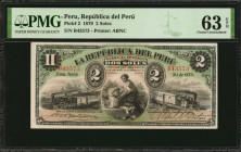 PERU. Republica del Peru. 2 Soles, 1879. P-2. PMG Choice Uncirculated 63 EPQ.

Printed by ABNC. Trains at left and right flanking allegorical woman at...