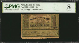 PERU. Banco del Peru. 1 Sol, 1864. P-361a. Very Good 8.

Printed by ABNC. Found in Very Good condition.

From the Don Allen Collection.

Estimate: $75...