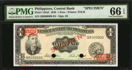 PHILIPPINES. Lot of (3). Central Bank of the Philippines. 1, 2 & 5 Pesos, 1949. P-133s9, 134ds & 135s5. Specimen. PMG Gem Uncirculated 66 EPQ.

Includ...