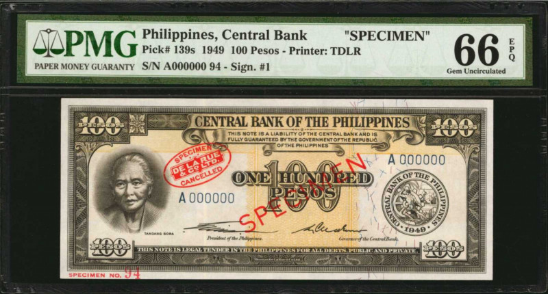 PHILIPPINES. Central Bank of the Philippines. 100 Pesos, 1949. P-139s. Specimen....