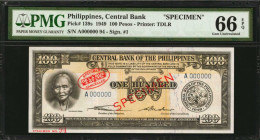 PHILIPPINES. Central Bank of the Philippines. 100 Pesos, 1949. P-139s. Specimen. PMG Gem Uncirculated 66 EPQ.

Signature #1. Printed by TDLR. Specimen...