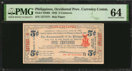 PHILIPPINES. Occidental Prov. Currency Comm. 5 Centavos, 1942. P-S640b. PMG Choice Uncirculated 64.

Bais paper. Scarce in Uncirculated grades.

Estim...